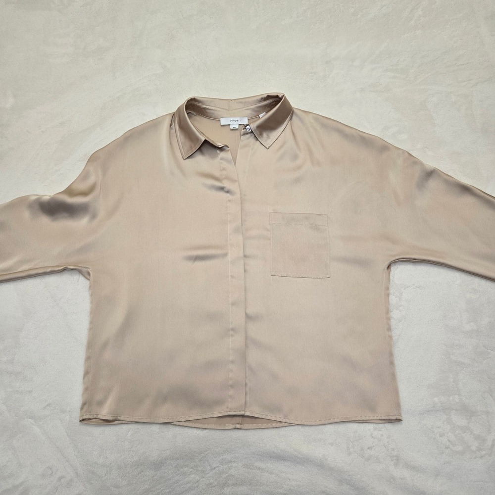 Vince Womens Champagne Beige Satin Relaxed Cropped Button Down Blouse Medium M - Picture 15 of 16